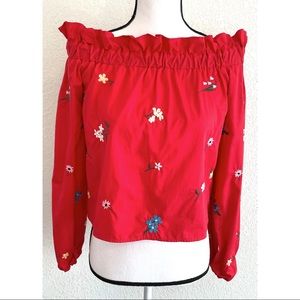 Topshop NWOT red Blouse shirt tee t with Floral embroidery detailing rare size 4
